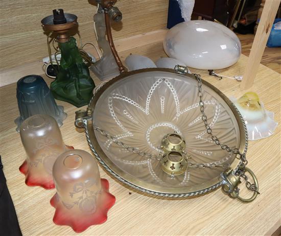 A French plaffonier, cranberry and other glass shades and tow Art Deco glass figural lamp bases plaffonier diameter 38cm